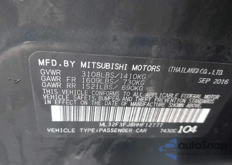 2017 Mitsubishi Mirage G4 Es z USA, uszkodzony, nr VIN ML32F3FJ8HHF12777